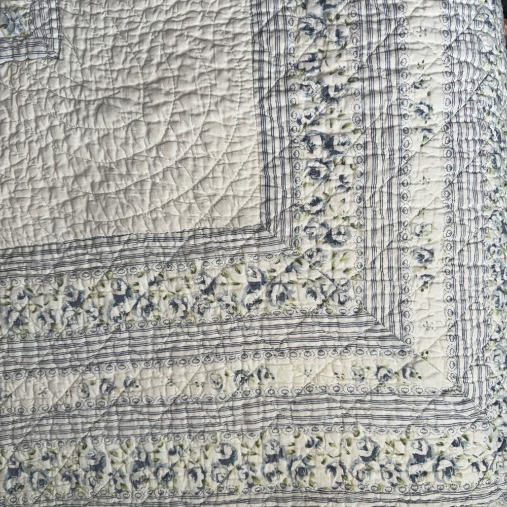 Floral Ticking Stripe Quilted Bedspread Blue Cream 86x84 Cottagecore Quilt